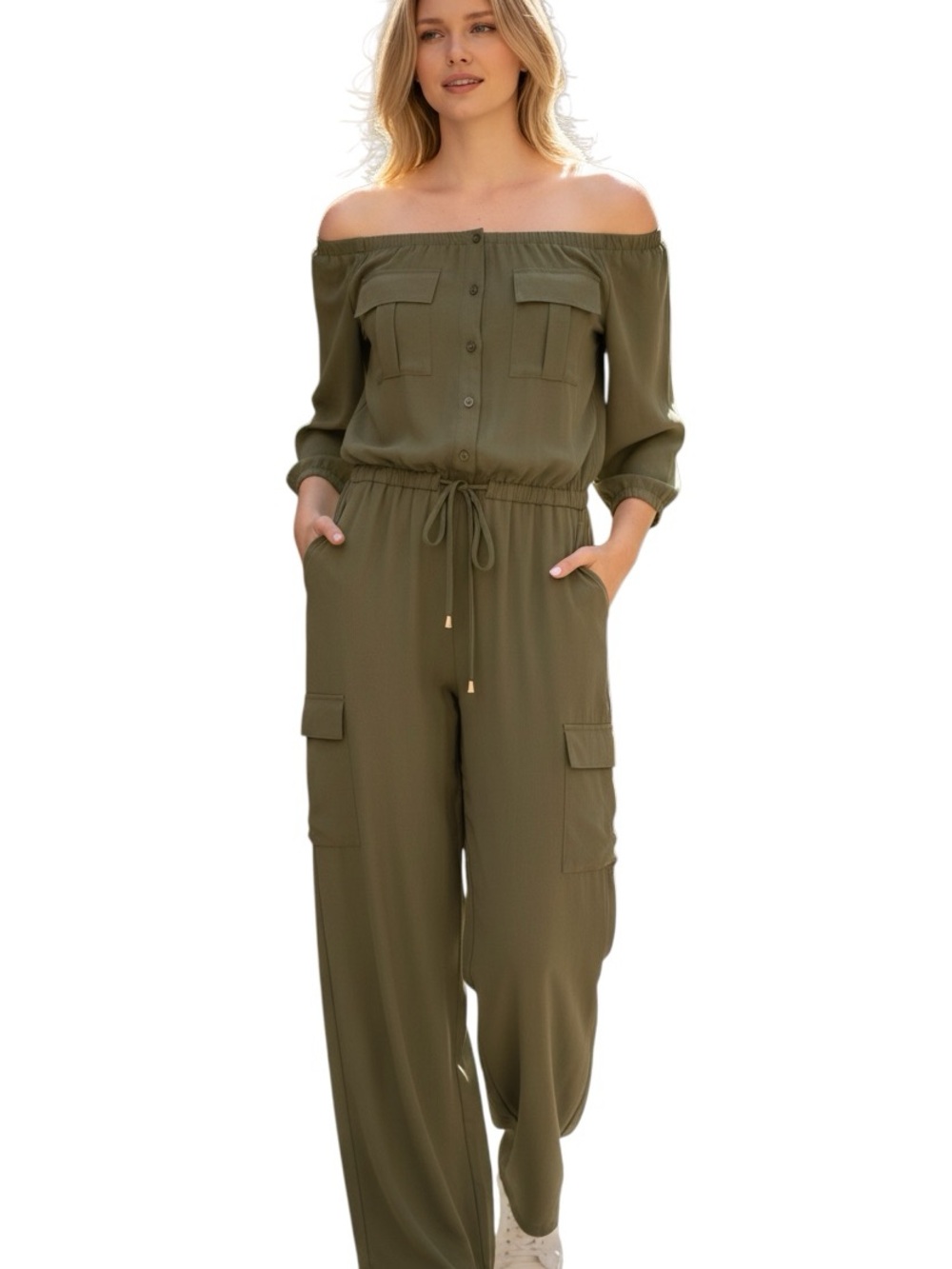 Olive Green Off-Shoulder Utility Jumpsuit